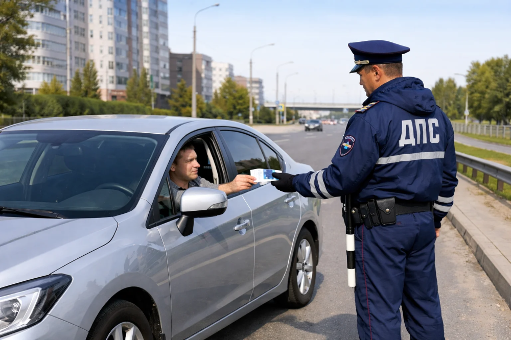 Инспектор ДПС проверяет документы у водителя, который остается в автомобиле на обочине городской дороги.