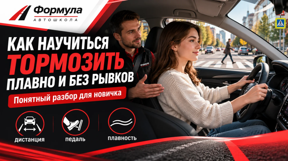 Начинающий водитель плавно замедляется перед светофором вместе с инструктором.