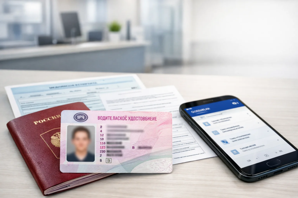 Водительское удостоверение, паспорт и документы для замены прав в 2026 году на аккуратной рабочей поверхности.