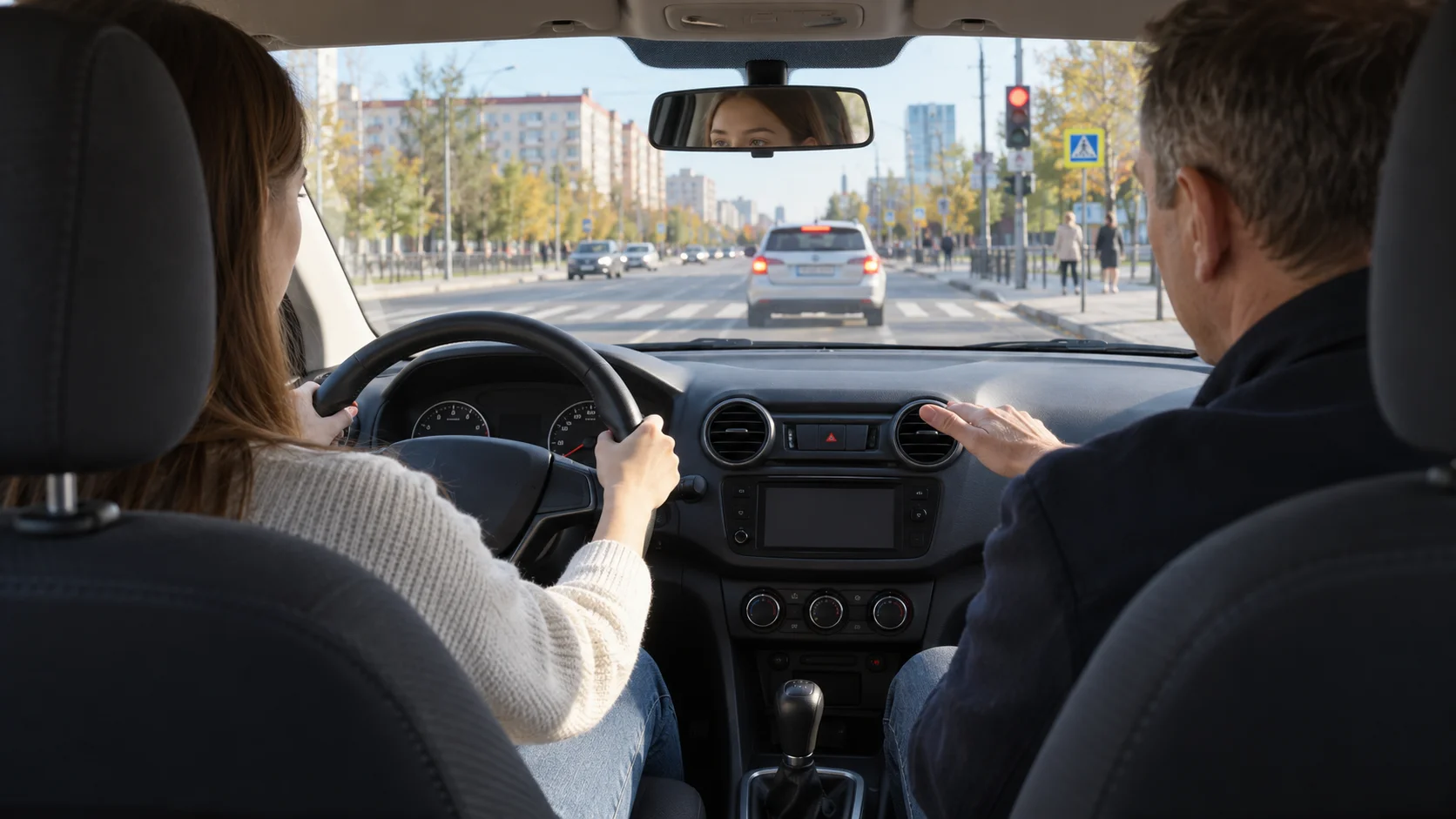 Учебный автомобиль выполняет плавную остановку на тихой улице Тюмени.
