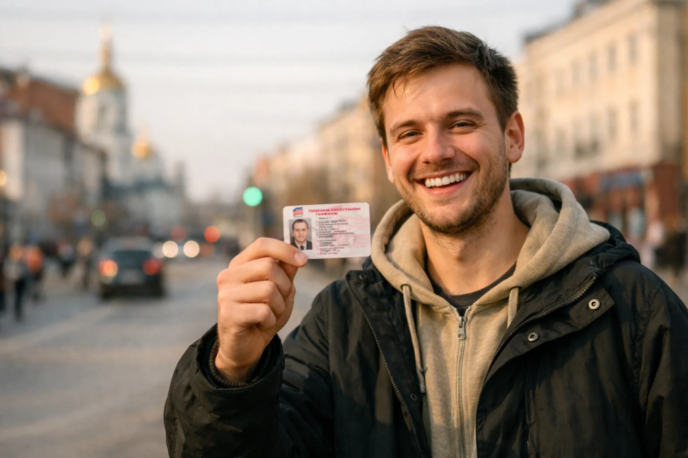 Выпускник автошколы «Формула» в Тюмени держит водительское удостоверение после успешной сдачи экзамена ГИБДД