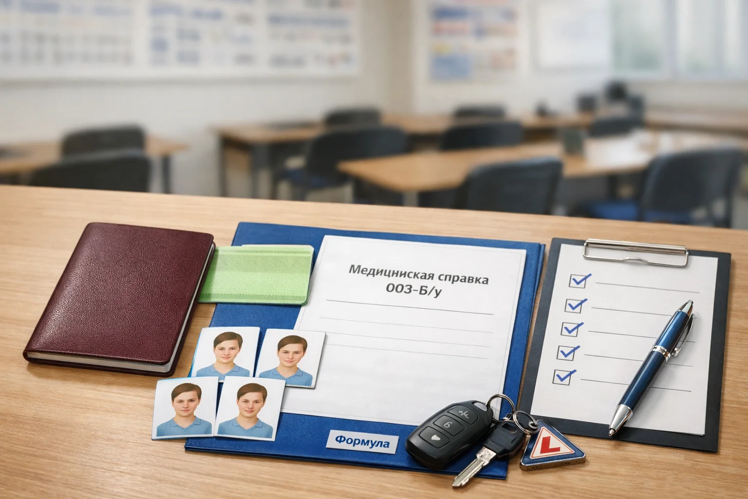 Детальная иллюстрация: чек-лист и документы для поступления в автошколу — паспорт, СНИЛС, фото 3×4 и медсправка 003-В/у, рядом ключи от учебного автомобиля.