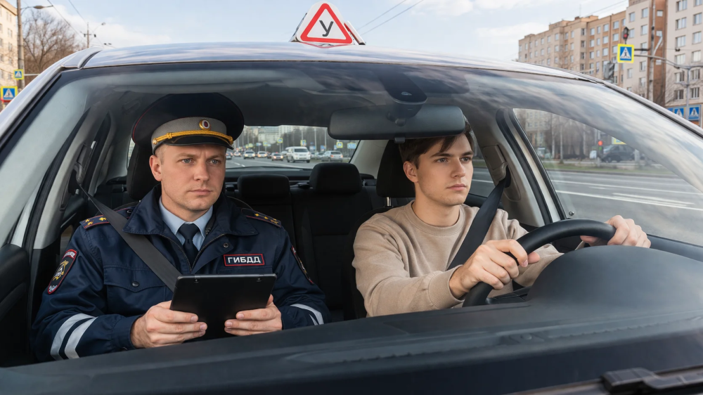 Ученик сдаёт практический экзамен в ГИБДД с инспектором — автошкола «Формула» Тюмень