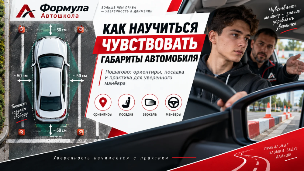 Начинающая водитель тренирует габариты автомобиля между мягкими конусами.