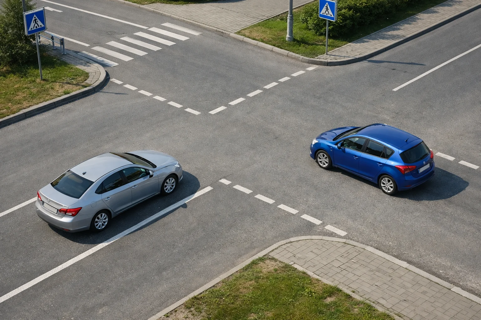 Равнозначный перекрёсток, где одна машина находится справа и имеет преимущество по правилу правой руки.