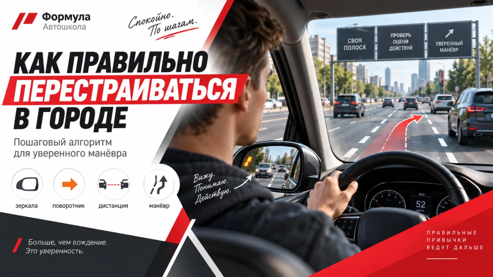 Начинающая водитель проверяет зеркало перед перестроением на городской улице Тюмени.